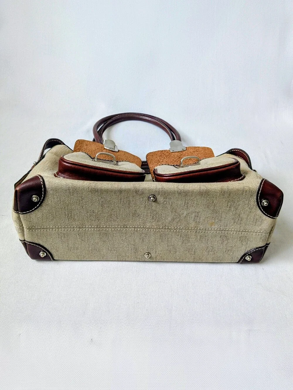 Dooney & Bourke Signature Logo Canvas Double Pocket Satchel Tote Bag